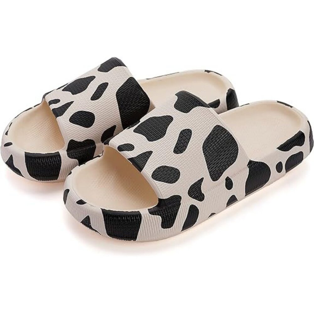 JOOMRA Pillow Slip On Slides Sandals Cow Print Cream/Black Size 37-38 (US 6-7)